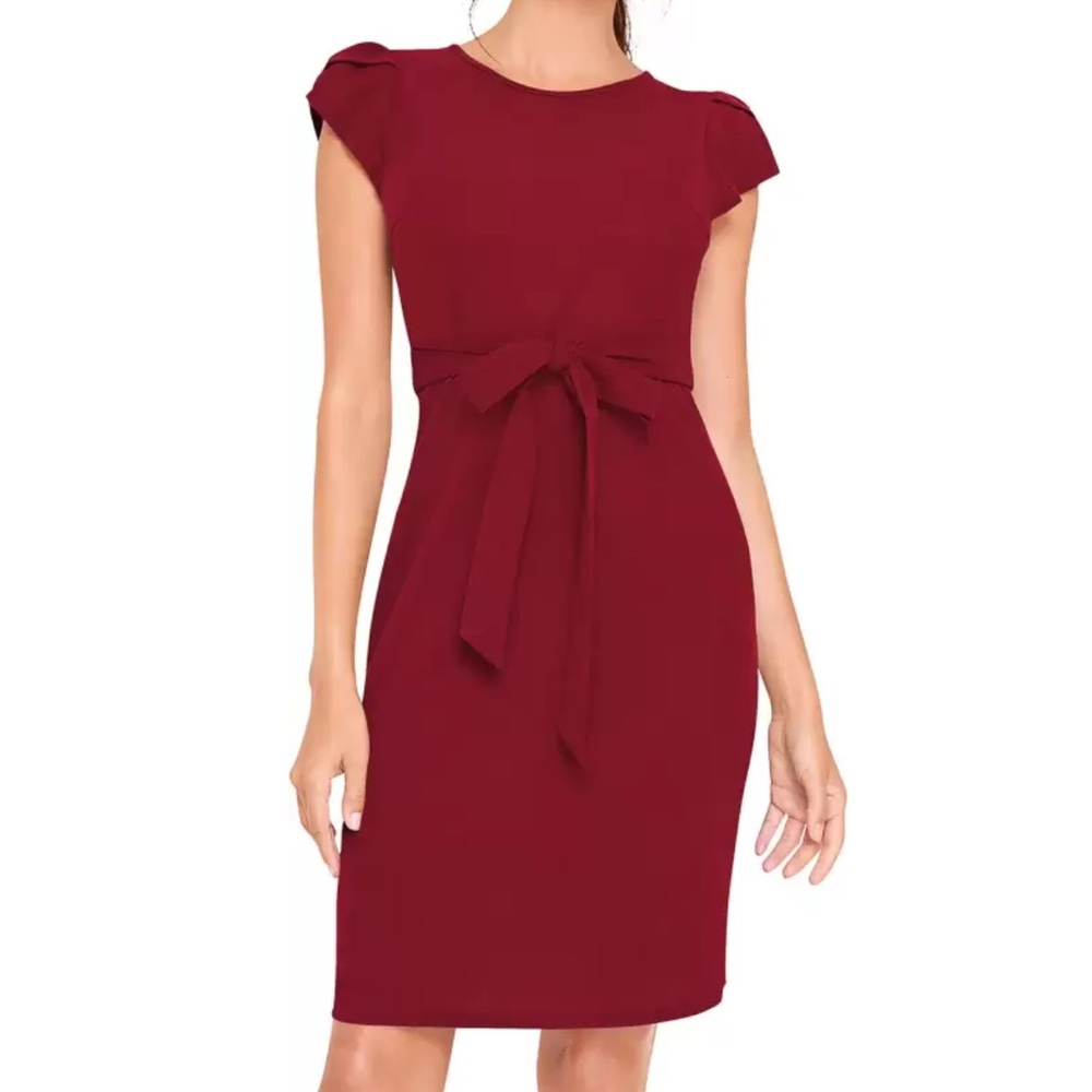 🎉SHEIN Red Dress w Structured Shoulder & Red Tie Strap To Wrap Around Waist SzL